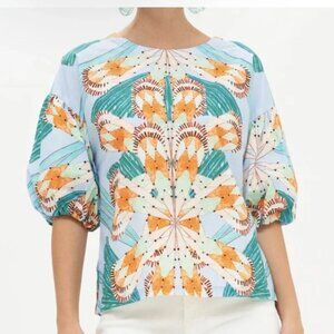 Oliphant Puff Sleeve Blouse Palmetto Blue $168 Boho Travel Women's Sz L B21